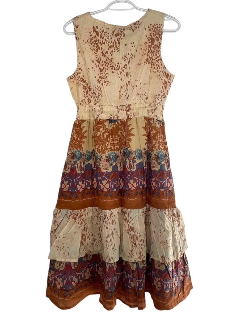 Chaudry KC Women’s Boho Tiered Midi Dress in Beige and Rust Floral Size L NWT